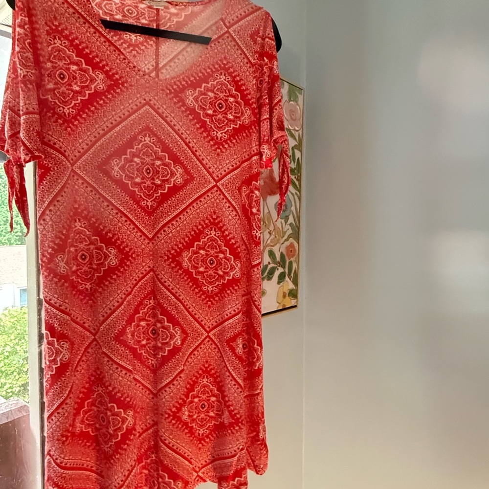 Red Patterned V-Neck Dress